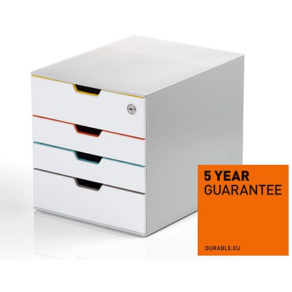 Durable Varicolor Mix Safe 4 Drawer Set, Lockable Top Drawer, White & Assorted Coloured Drawers