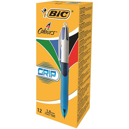 Bic 4 Colours Comfort Grip Ballpoint Pen 1mm Tip 0.32mm Line Blue/White Barrel Black/Blue/Green/Red Ink (Pack 12)