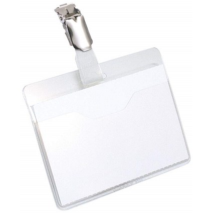 Durable Metal Clip Name Tag ID Badge Holders + Inserts, 60x90mm, Pack of 20