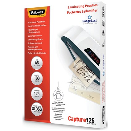 Fellowes Capture A5 Laminating Pouches, 250 Microns, Glossy, Pack of 100