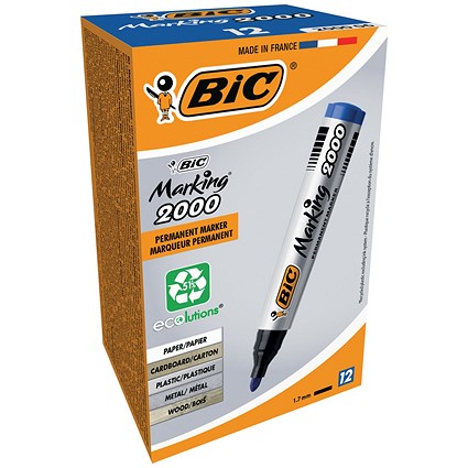 Bic Marking 2000 Permanent Marker, Bullet Tip, Blue, Pack of 12