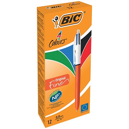 Bic 4 Colours Ballpoint Pen, Orange Barrel, Fine, Pack of 12