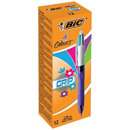 Bic 4 Colour Grip Fashion Retractable Ballpoint Pen, Pack of 12