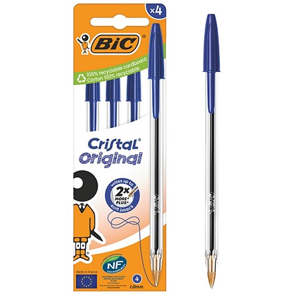 Bic Cristal Ballpoint Pen, Medium, Blue, Pack of 4