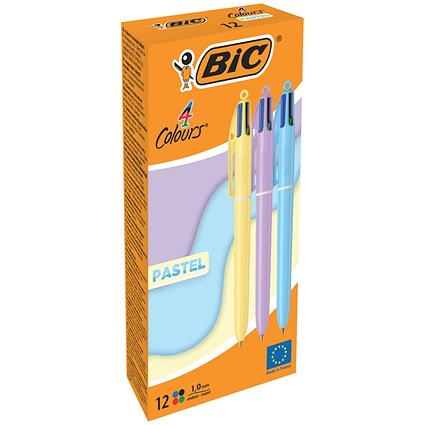 Bic 4 Colours Ballpoint Pen, Pastel Barrel, Medium, Pack of 12