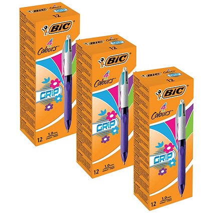 Bic 4 Colour Grip Fashion Retractable Ballpoint Pen, Pack of 12 - 3 Pack Saver Bundle