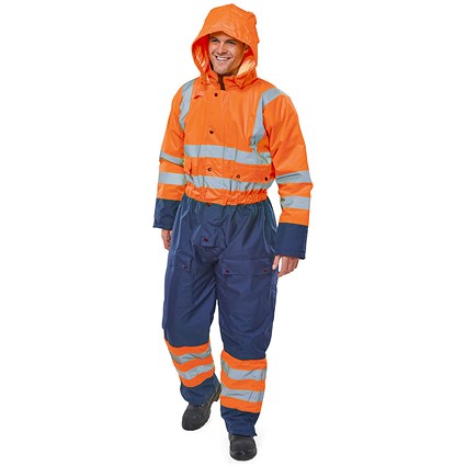 Beeswift Two Tone Hiviz Thermal Waterproof Coveralls, Orange & Navy Blue, Medium