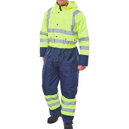 Beeswift Two Tone Hiviz Thermal Waterproof Coveralls, Saturn Yellow & Navy Blue, Small