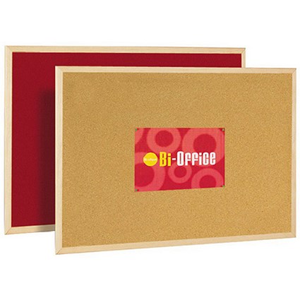 Bi-Office Double-Sided Cork And Red Felt Board, 600x400mm, Wooden Frame