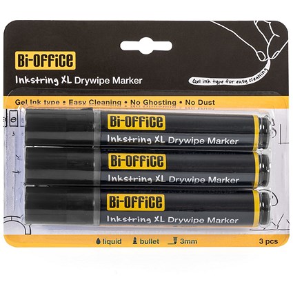 Bi-Office Inkstring XL Drywipe Markers, Black, Pack of 3