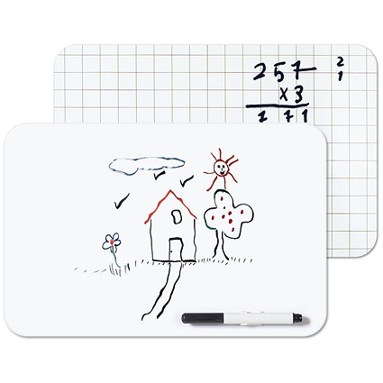 Bi-Office Frameless Non-Magnetic Double Sided Plain/Grid Whiteboard with Marker Clip, A4