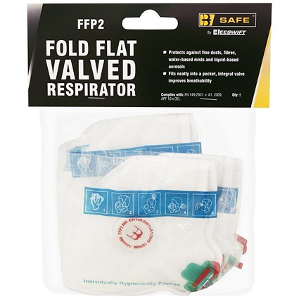 B-Safe FFP2V Fold-Flat Valved Mask, White, Pack of 5