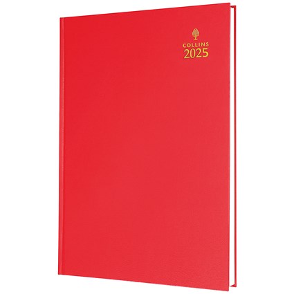 Collins A5 Desk Diary, Day Per Page, Red, 2025