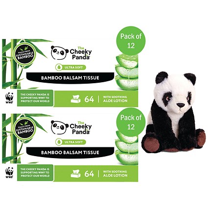 Cheeky Panda Bamboo Balsam Tissues, 3-Ply, 12 Boxes of 64 Sheets - Buy 2 Get Free Panda Toy