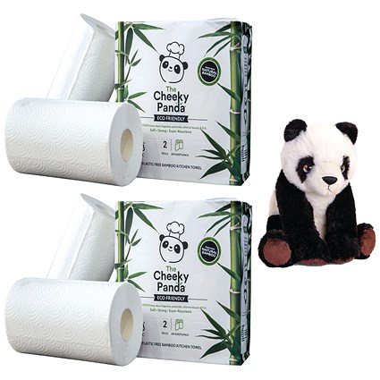 Cheeky Panda Plastic Free Bamboo Kitchen Roll, 2-Ply, 10 Rolls of 100 Sheets - Buy 2 Get Free Panda Toy