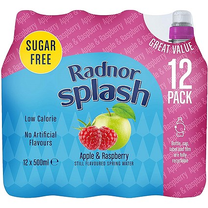 Radnor Splash Sugar Free Apple & Raspberry Flavoured Water, Sports Cap Plastic Bottles, 500ml, Pack of 12