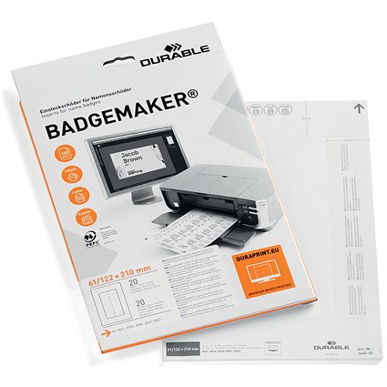 Durable Badgemaker Insert Sheets, 61/122x210mm, 150gsm, White, Pack of 20