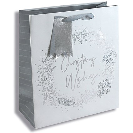 Eurowrap Silver Wreath Design Christmas Gift Bags, Large, Medium, Pack of 12