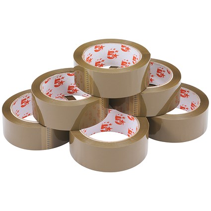 5 Star Packaging Tape, Polypropylene, 38mm x 66m, Buff, Pack of 6