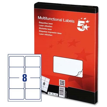 5 Star Multipurpose Laser Labels, 8 per Sheet, 99.1x67.7mm, White, 800 Labels