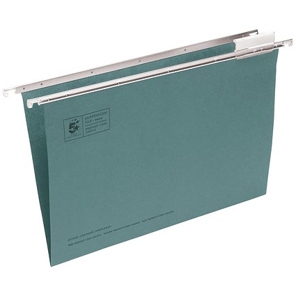 5 Star Suspension Files, V Base, 15mm Capacity, Foolscap, Green, Pack of 50