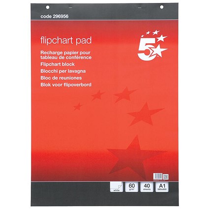 5 Star Flipchart Pad, Perforated, 40 Sheets, A1, Plain, Pack of 5