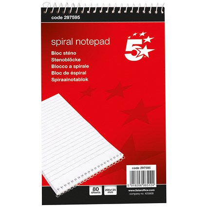 5 Star Headbound Spiral Notepad, 127x200mm, Ruled, 160 Pages, Pack of 10