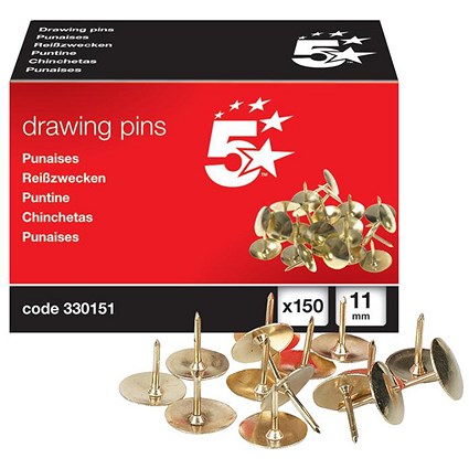 5 Star Brassed Drawing Pins, 11mm Head, Pack of 150