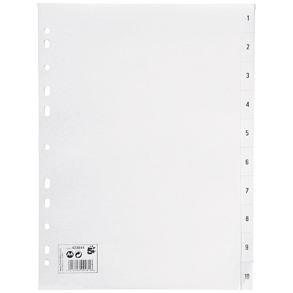 5 Star Plastic Index Dividers, 1-10, A4, White