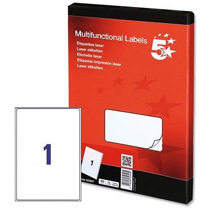 5 Star Multipurpose Laser Labels, 1 per Sheet, 199.6x289.1mm, White, 100 Labels