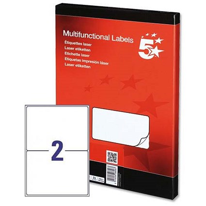 5 Star Multipurpose Laser Labels, 2 per Sheet, 199.6x143.5mm, White, 200 Labels