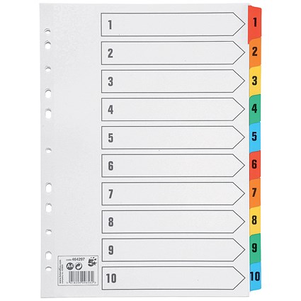 5 Star Index Dividers, 1-10, Multicoloured Mylar Tabs, A4, White