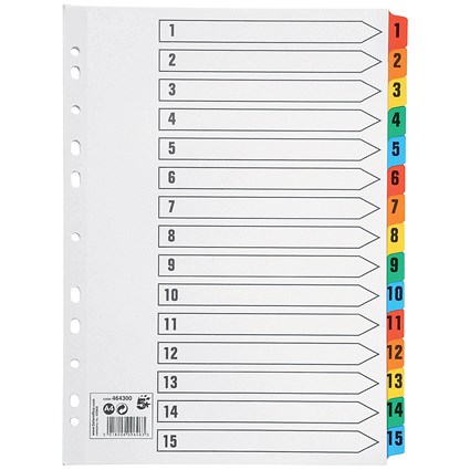 5 Star Index Dividers, 1-15, Multicoloured Mylar Tabs, A4, White