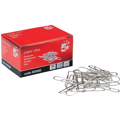 5 Star Large Metal Paperclips - 33mm, Lipped, Pack of 1000