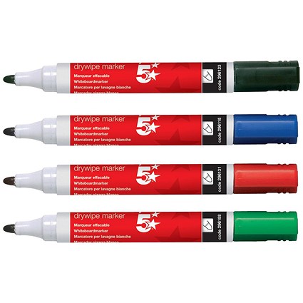 5 Star Drywipe Marker, Bullet Tip, Assorted Colours, Pack of 4