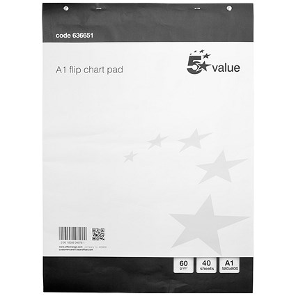 5 Star Value Flipchart Pad, Perforated, 40 Sheets, A1, Plain, Pack of 5