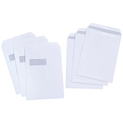 5 Star Value C4 Pocket Envelopes, Window, White, Press Seal, 90gsm, Pack 250