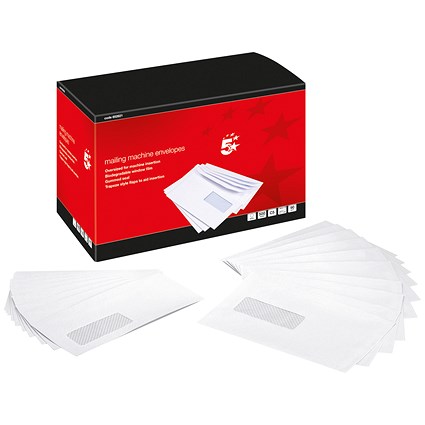 5 Star C5 Mail Machine Envelopes with Window, Gummed, 90gsm, White, Pack of 500