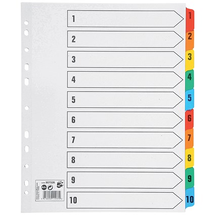 5 Star Maxi Index Dividers, Extra Wide, 1-10, Multicoloured Mylar Tabs, A4, White