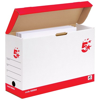 5 Star Transfer Case with Hinged Lid, Foolscap, Red & White, Pack of 20