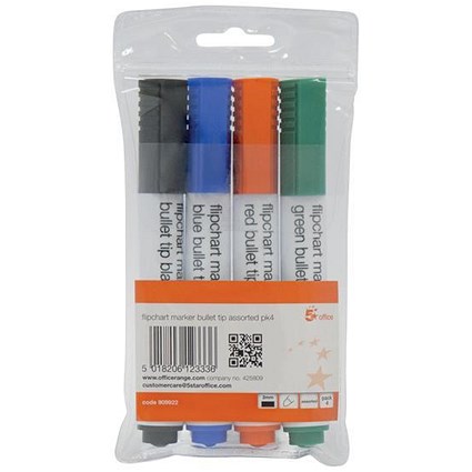 5 Star Flipchart Marker Pen, Water-based, Assorted Colours, Pack of 4