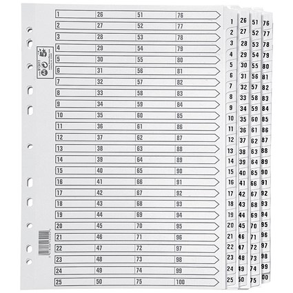 5 Star Index Dividers, 1-100, Mylar Tabs, A4, White