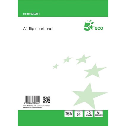 5 Star Flipchart Pad, Recycled, Perforated, 40 Sheets, A1, Plain, Pack of 5