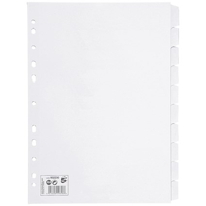 5 Star Subject Dividers, 10-Part, A4, White, Pack of 10