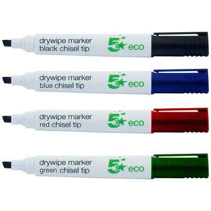 5 Star Eco Drywipe Markers, Chisel Tip, Assorted, Pack of 4