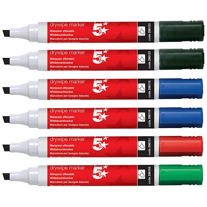 5 Star Drywipe Markers, Chisel Tip, Assorted, Pack of 6