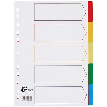 5 Star Elite Plastic File Dividers, 5-Part, Multicoloured Tabs, A4, White