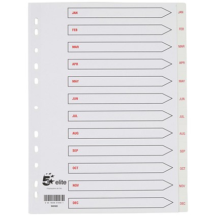 5 Star Elite Plastic Index Dividers, Jan-Dec, White Tabs, A4, White