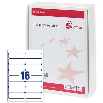 5 Star Multipurpose Laser Labels, 16 per Sheet, 99x34mm, White, 8000 Labels