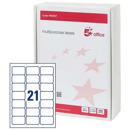 5 Star Multipurpose Laser Labels, 21 per Sheet, 64x38mm, White, 10500 Labels